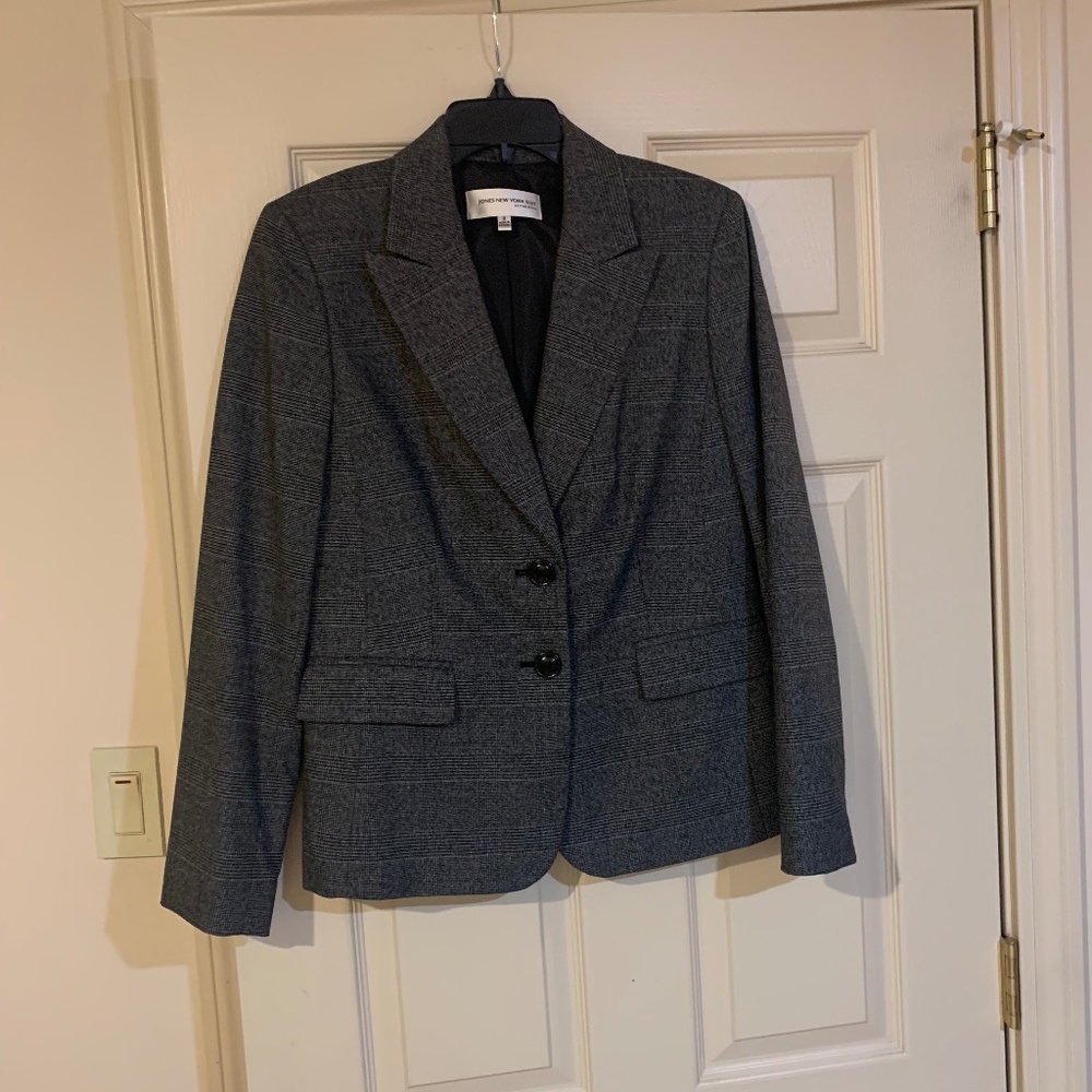 Jones New York Suit Separates Gray/Black Plaid Lined Blazer sz 8